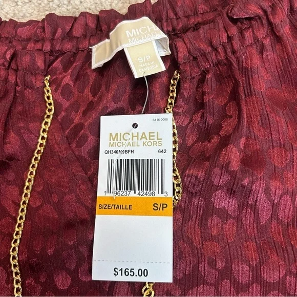 Michael Michael Kors red burgundy leopard cheetah print gold tone chain blouse - Picture 7 of 11